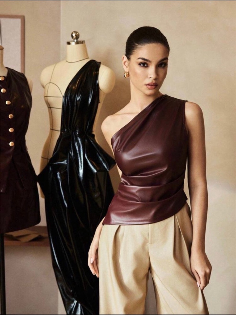 SHEIN One-Shoulder Brown Faux-Leather Top